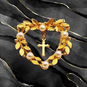VTG Gold-Tone Heart Brooch w Faux Pearls & Dangling Cross Religious Christian